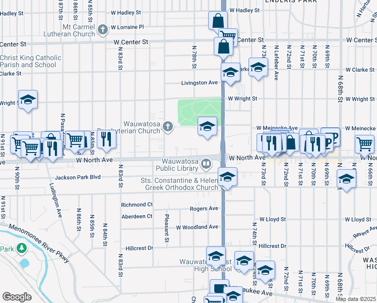map of restaurants, bars, coffee shops, grocery stores, and more near 7831 West North Avenue in Wauwatosa