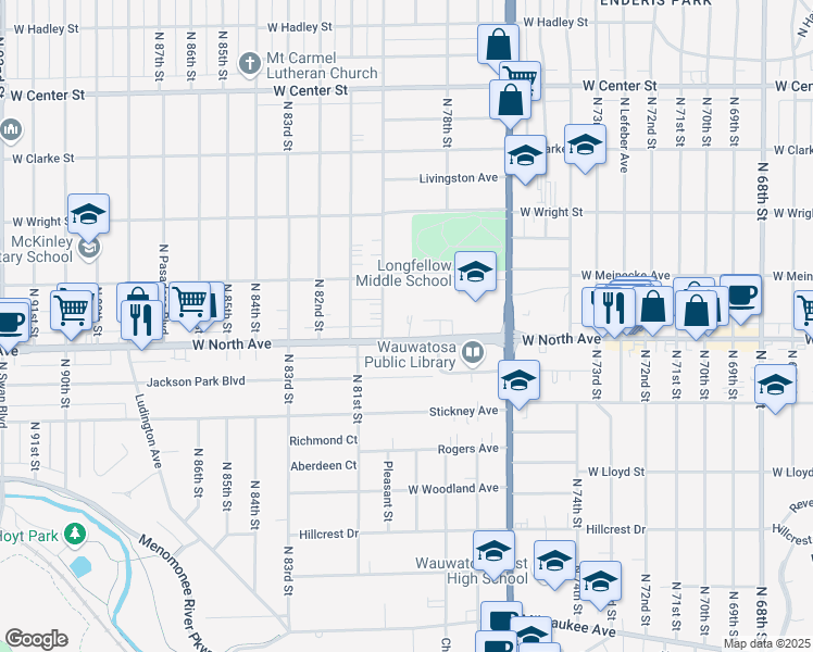 map of restaurants, bars, coffee shops, grocery stores, and more near 7831 West North Avenue in Wauwatosa