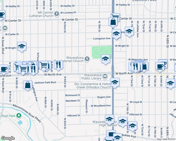 map of restaurants, bars, coffee shops, grocery stores, and more near 7943 West North Avenue in Wauwatosa
