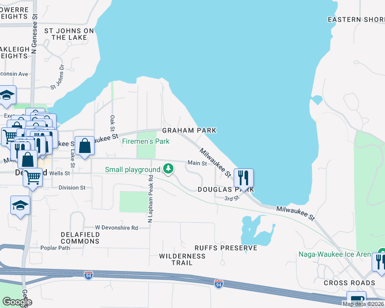 map of restaurants, bars, coffee shops, grocery stores, and more near 1420 Milwaukee Street in Delafield
