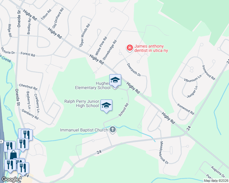 map of restaurants, bars, coffee shops, grocery stores, and more near 340 Higby Road in New Hartford