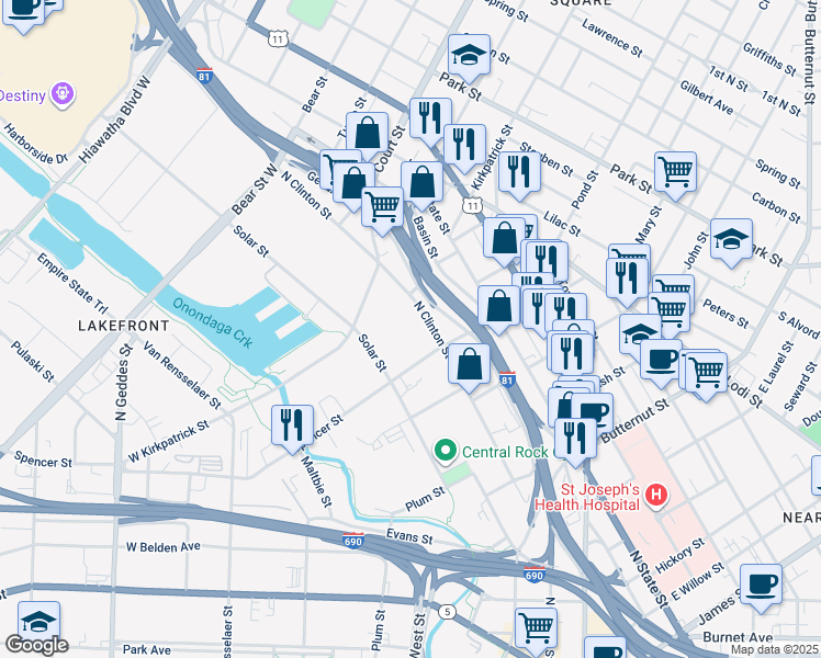 map of restaurants, bars, coffee shops, grocery stores, and more near 128 Spencer St in Syracuse