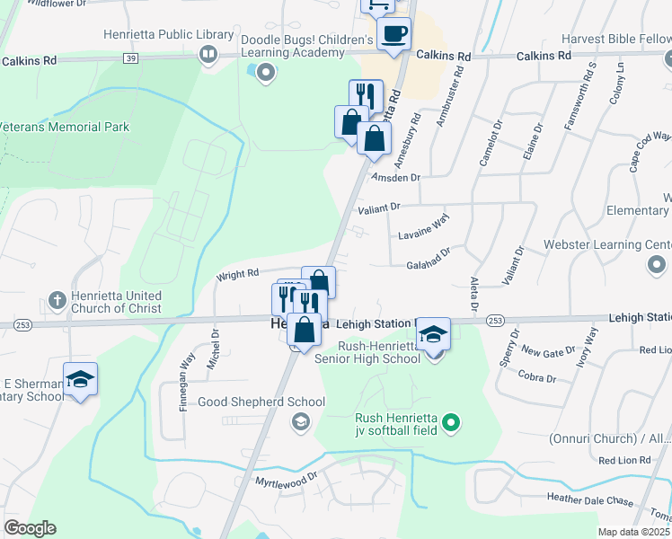 map of restaurants, bars, coffee shops, grocery stores, and more near 2992 East Henrietta Road in Henrietta
