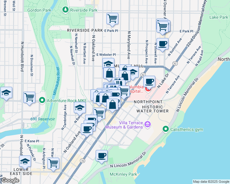 map of restaurants, bars, coffee shops, grocery stores, and more near 2353 North Farwell Avenue in Milwaukee