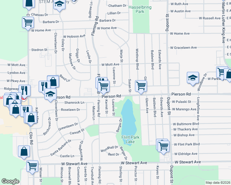 map of restaurants, bars, coffee shops, grocery stores, and more near 1317 West Pierson Road in Flint
