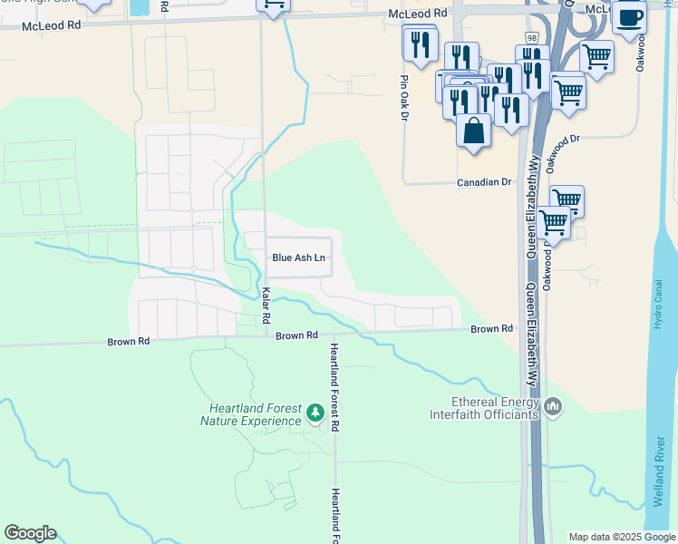 map of restaurants, bars, coffee shops, grocery stores, and more near 7889 Buckeye Crescent in Niagara Falls