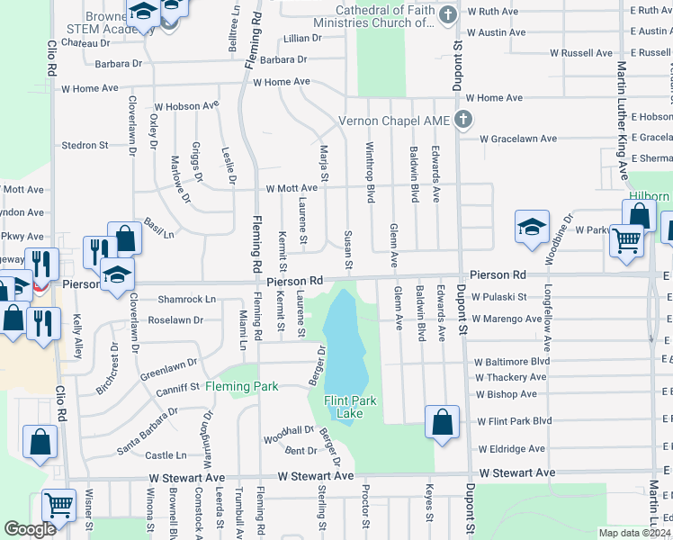 map of restaurants, bars, coffee shops, grocery stores, and more near 1206 West Pierson Road in Flint