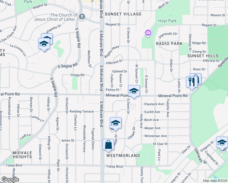 map of restaurants, bars, coffee shops, grocery stores, and more near 4330 Critchell Terrace in Madison
