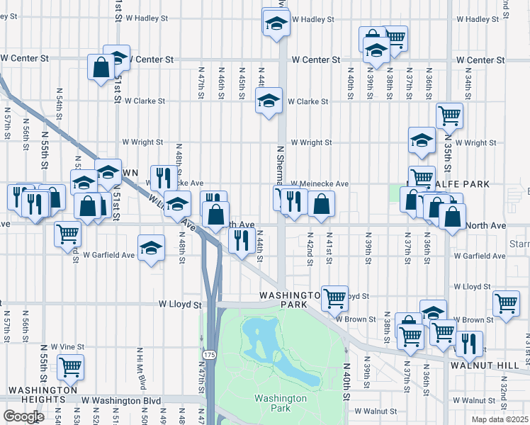map of restaurants, bars, coffee shops, grocery stores, and more near 4401 West North Avenue in Milwaukee
