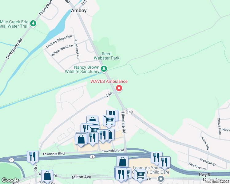 map of restaurants, bars, coffee shops, grocery stores, and more near Warners Road & Bennett Road in Camillus