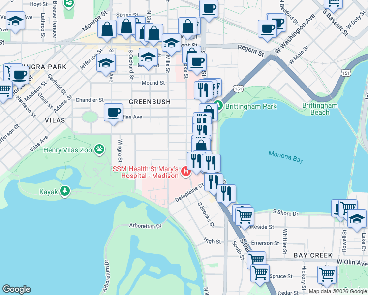 map of restaurants, bars, coffee shops, grocery stores, and more near 614 South Brooks Street in Madison