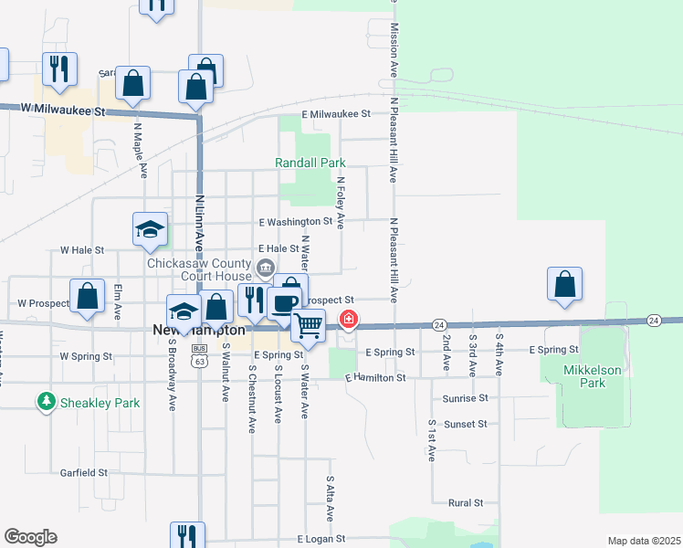 map of restaurants, bars, coffee shops, grocery stores, and more near 200 North Foley Avenue in New Hampton