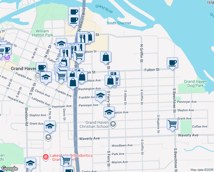 map of restaurants, bars, coffee shops, grocery stores, and more near 1053 Washington Avenue in Grand Haven