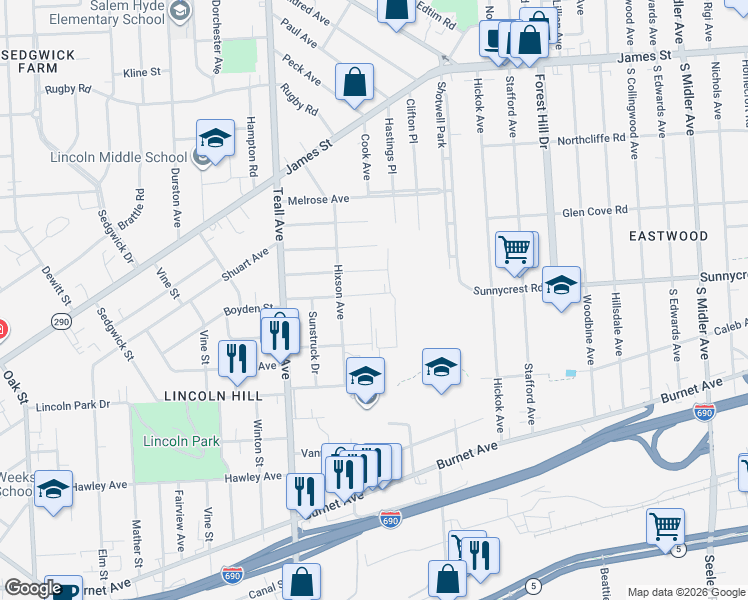 map of restaurants, bars, coffee shops, grocery stores, and more near 512 Boyden Street in Syracuse