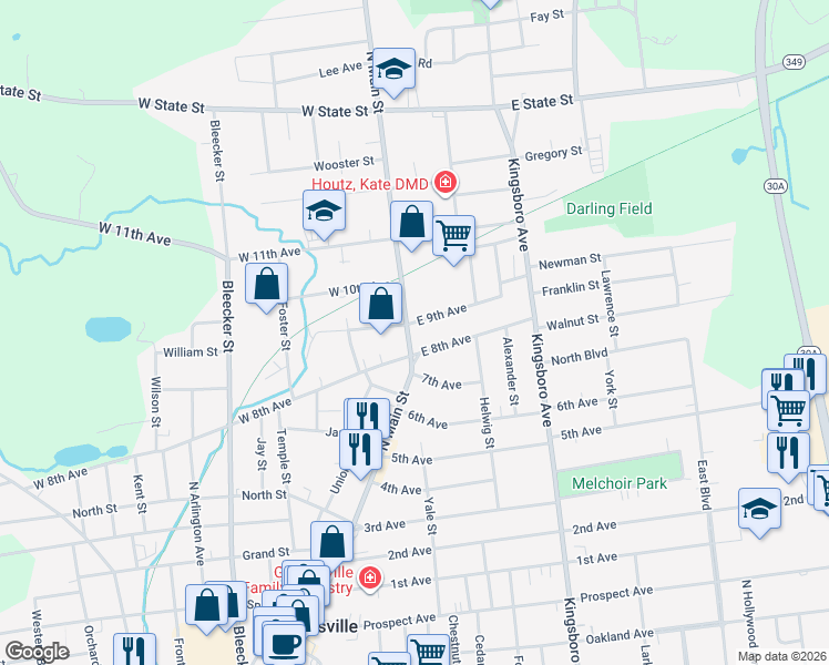 map of restaurants, bars, coffee shops, grocery stores, and more near 320 North Main Street in Gloversville
