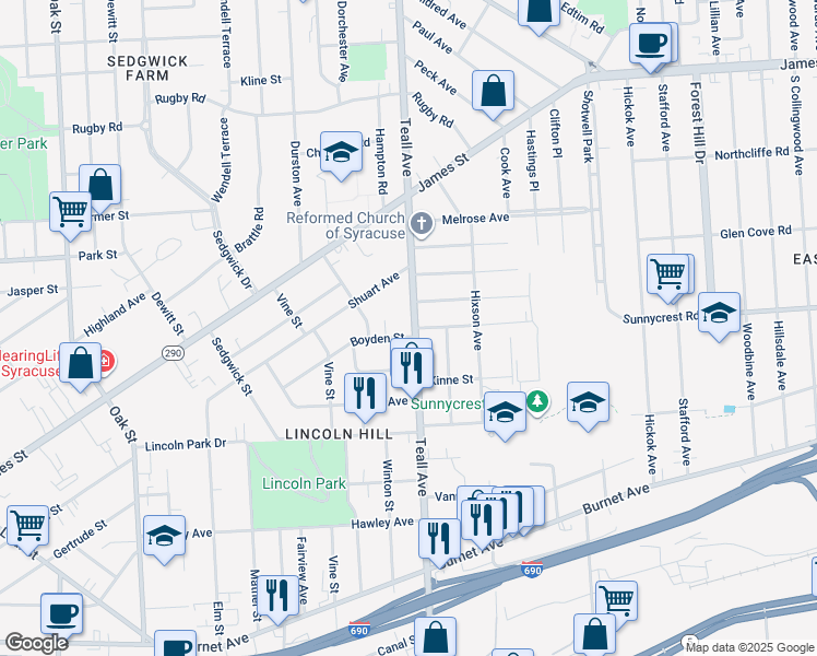 map of restaurants, bars, coffee shops, grocery stores, and more near 1014 Teall Avenue in Syracuse