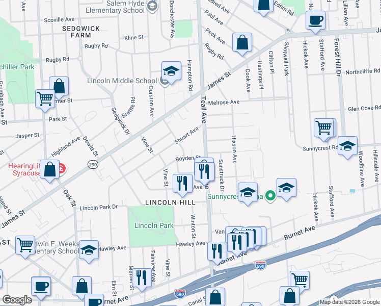 map of restaurants, bars, coffee shops, grocery stores, and more near 316 Boyden Street in Syracuse