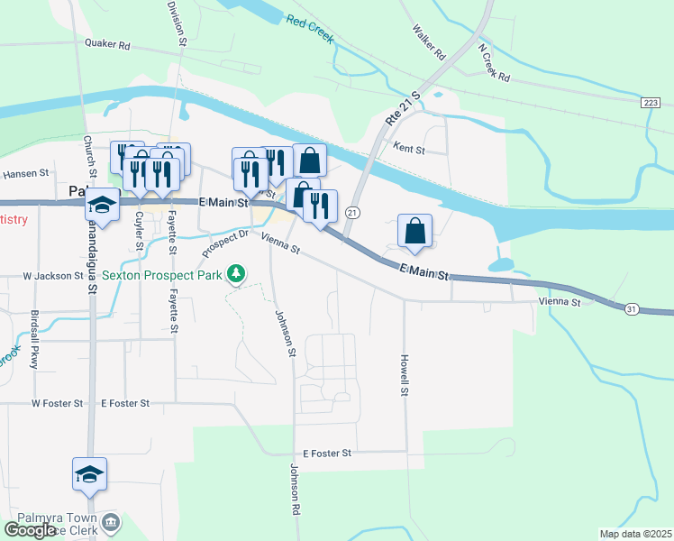 map of restaurants, bars, coffee shops, grocery stores, and more near 316 Vienna Street in Palmyra