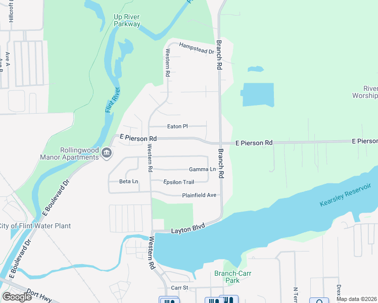 map of restaurants, bars, coffee shops, grocery stores, and more near 2901 Gamma Lane in Flint