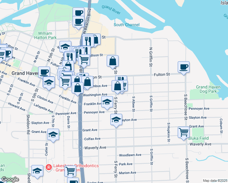 map of restaurants, bars, coffee shops, grocery stores, and more near 1100 Washington Avenue in Grand Haven