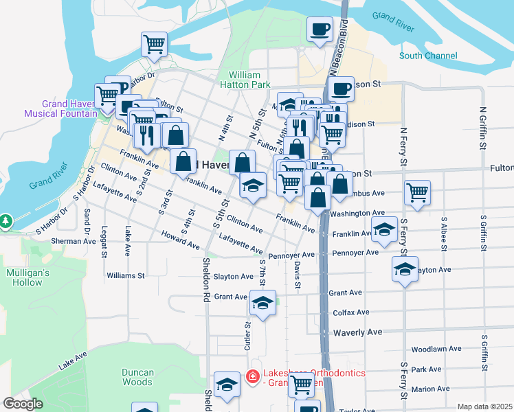 map of restaurants, bars, coffee shops, grocery stores, and more near 106 South 6th Street in Grand Haven