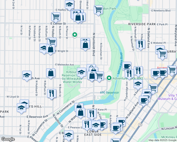 map of restaurants, bars, coffee shops, grocery stores, and more near in Milwaukee