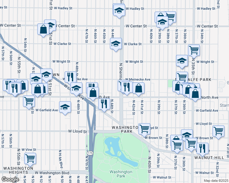 map of restaurants, bars, coffee shops, grocery stores, and more near 4401 West North Avenue in Milwaukee