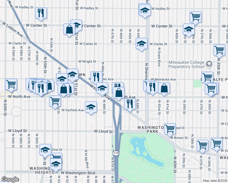 map of restaurants, bars, coffee shops, grocery stores, and more near in Milwaukee