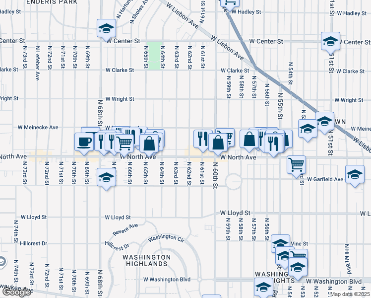 map of restaurants, bars, coffee shops, grocery stores, and more near 6207 West North Avenue in Wauwatosa