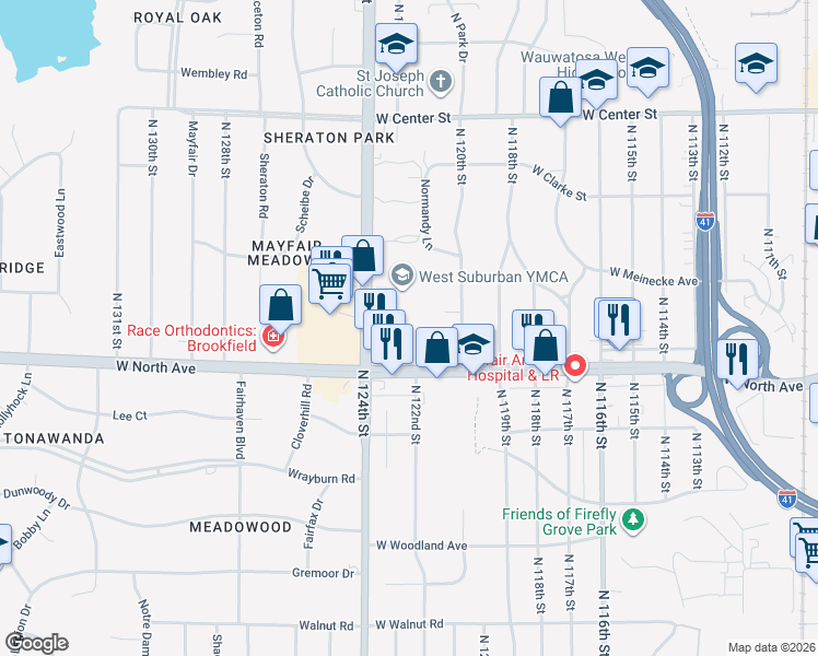 map of restaurants, bars, coffee shops, grocery stores, and more near 12210 West North Avenue in Wauwatosa