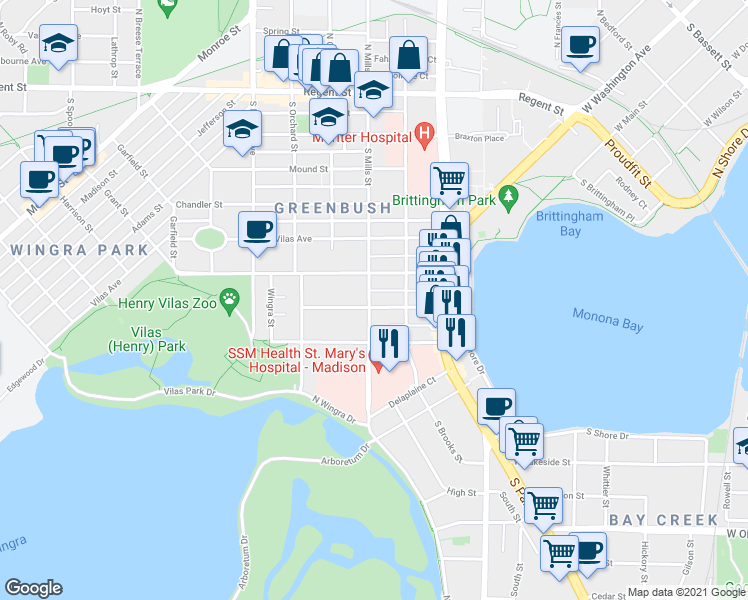map of restaurants, bars, coffee shops, grocery stores, and more near 612 South Mills Street in Madison