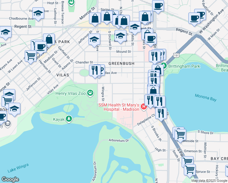 map of restaurants, bars, coffee shops, grocery stores, and more near 1143 Emerald Street in Madison