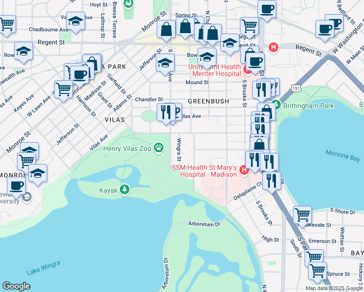 map of restaurants, bars, coffee shops, grocery stores, and more near 1315 Hoven Court in Madison