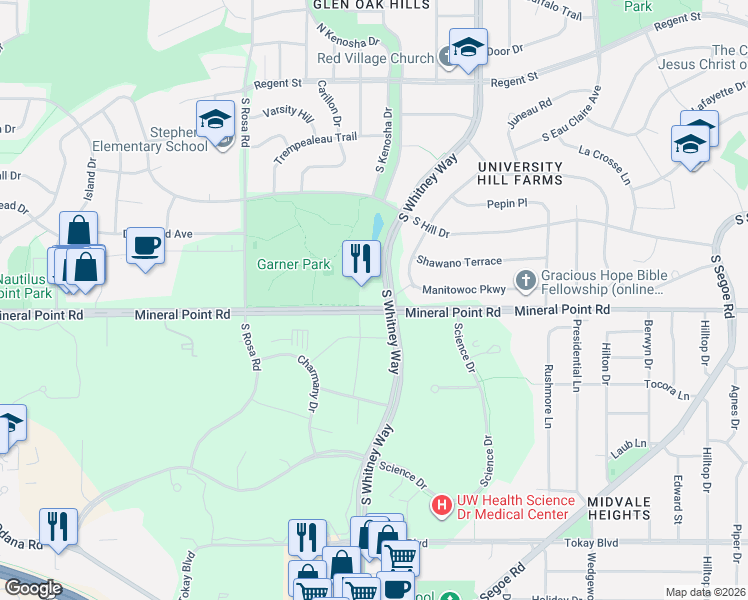 map of restaurants, bars, coffee shops, grocery stores, and more near 5409 Mineral Point Road in Madison