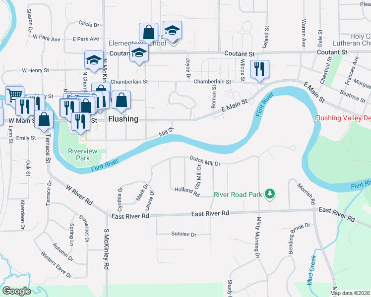 map of restaurants, bars, coffee shops, grocery stores, and more near 325 Dutch Mill Drive in Flushing