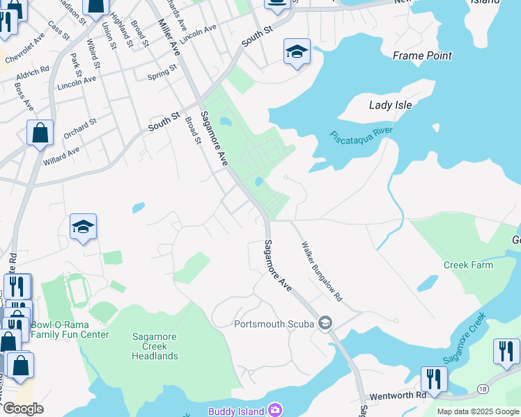 map of restaurants, bars, coffee shops, grocery stores, and more near 402 New Hampshire 1A in Portsmouth