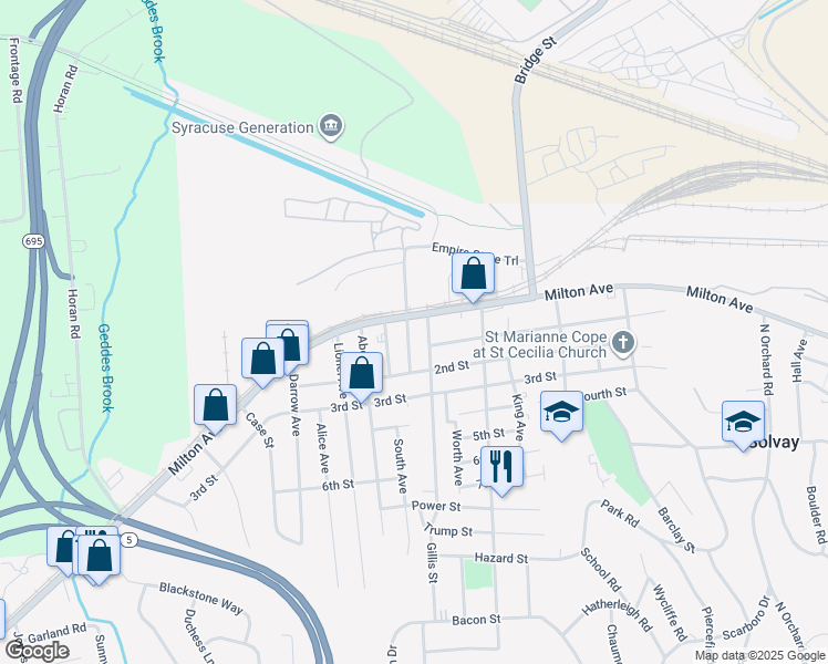 map of restaurants, bars, coffee shops, grocery stores, and more near 202 Center Street in Syracuse