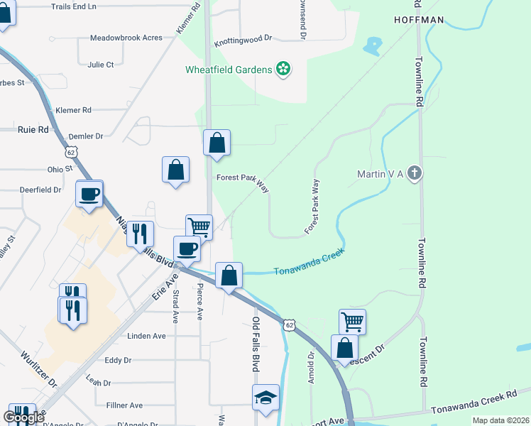 map of restaurants, bars, coffee shops, grocery stores, and more near 3949 Forest Park Way in North Tonawanda