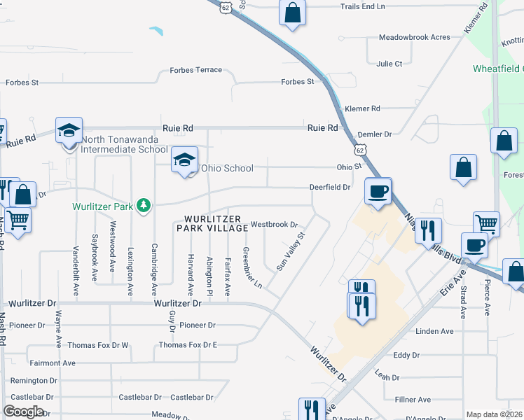 map of restaurants, bars, coffee shops, grocery stores, and more near 727 Westbrook Drive in North Tonawanda