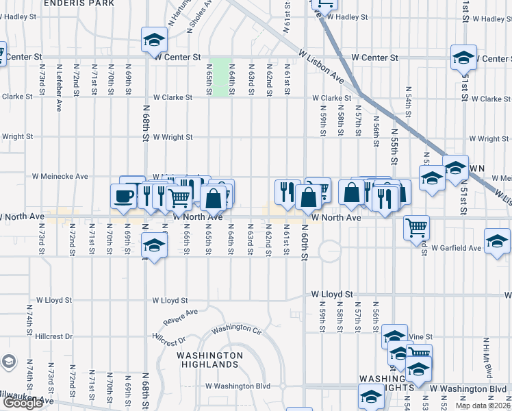 map of restaurants, bars, coffee shops, grocery stores, and more near 6207 West North Avenue in Wauwatosa
