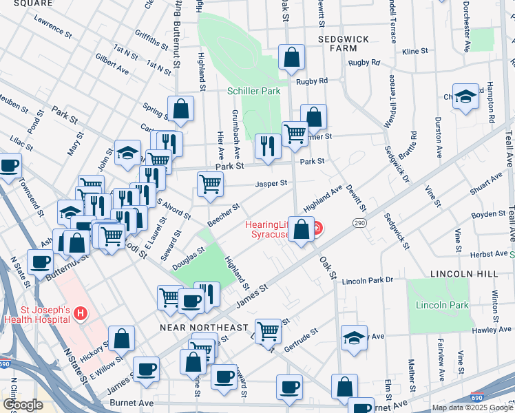 map of restaurants, bars, coffee shops, grocery stores, and more near 409 Douglas Street in Syracuse
