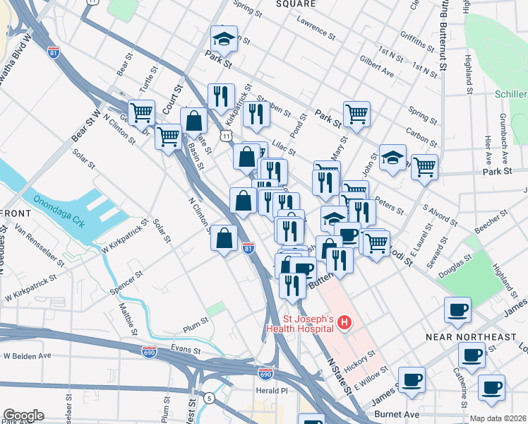 map of restaurants, bars, coffee shops, grocery stores, and more near in Syracuse