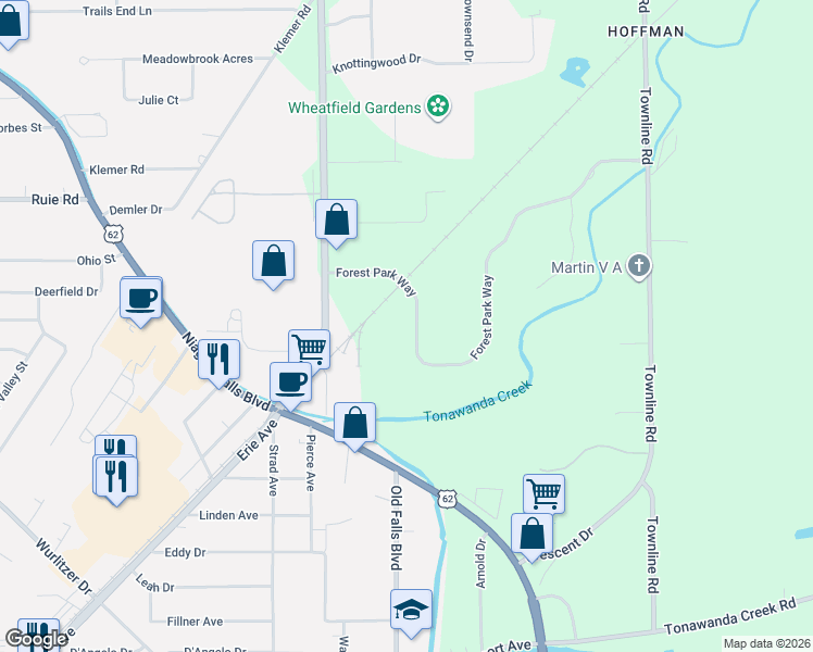 map of restaurants, bars, coffee shops, grocery stores, and more near 3836 Forest Park Way in North Tonawanda