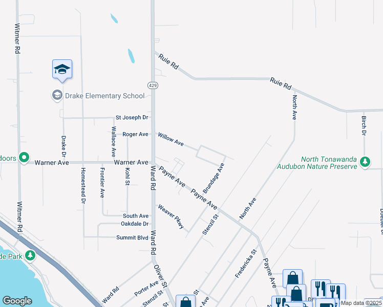 map of restaurants, bars, coffee shops, grocery stores, and more near 576 Willow Avenue in North Tonawanda