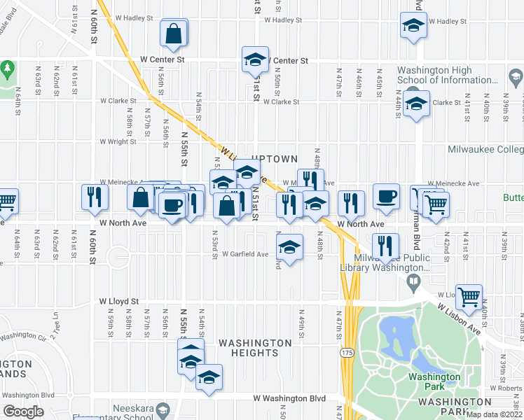 map of restaurants, bars, coffee shops, grocery stores, and more near 2320 North 51st Street in Milwaukee