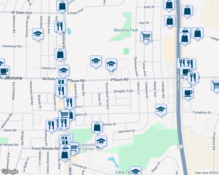 map of restaurants, bars, coffee shops, grocery stores, and more near 707 Pflaum Road in Madison