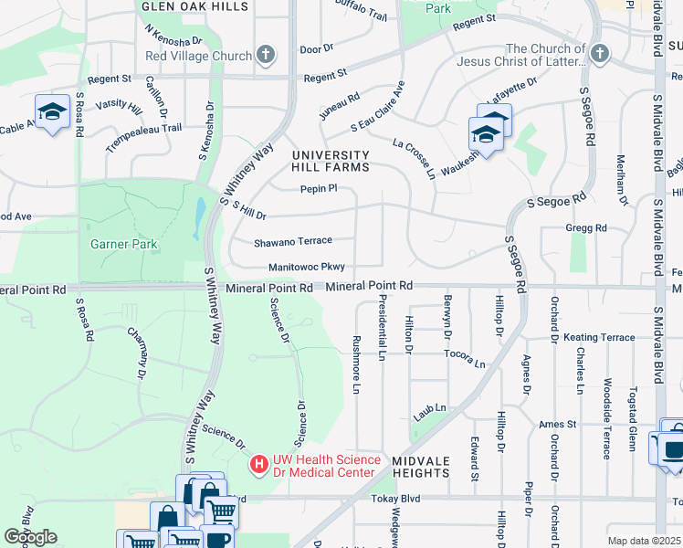 map of restaurants, bars, coffee shops, grocery stores, and more near 5107 Manitowoc Parkway in Madison
