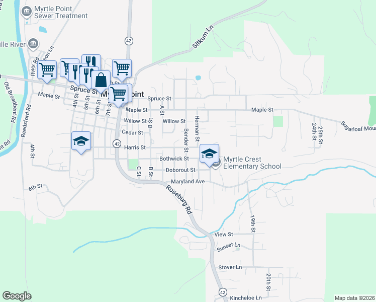 map of restaurants, bars, coffee shops, grocery stores, and more near 624 Bender Street in Myrtle Point