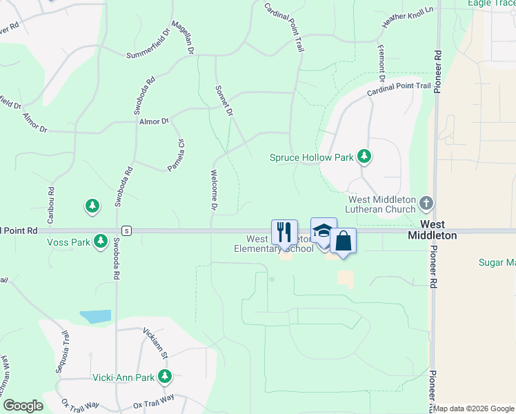 map of restaurants, bars, coffee shops, grocery stores, and more near 7672 W Mineral Point Rd in Verona