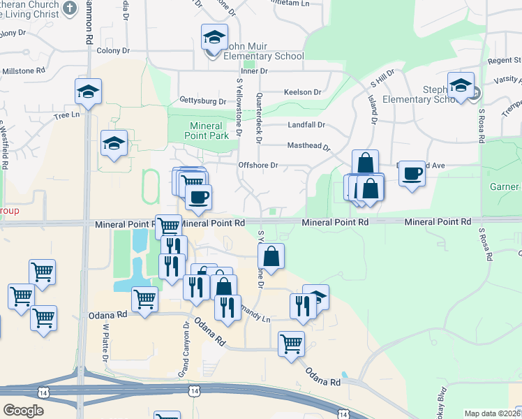 map of restaurants, bars, coffee shops, grocery stores, and more near South Yellowstone Drive in Madison